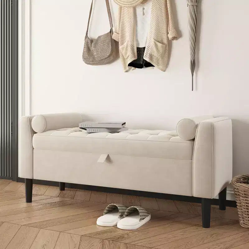 Panca Pouf Contenitore trapuntata a bottone da 118 cm con braccioli arrotolati e rivetti vintage, panchetta da fondo letto imbottita e porta scarpe per camera da letto e ingresso