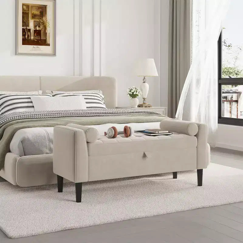 46.5 Button-Tufted Storage Ottoman Bench w/ Rolled Arms & Vintage Rivets, Upholstered End of Bed Bench & Shoe Storage for Bedroom & Entryway