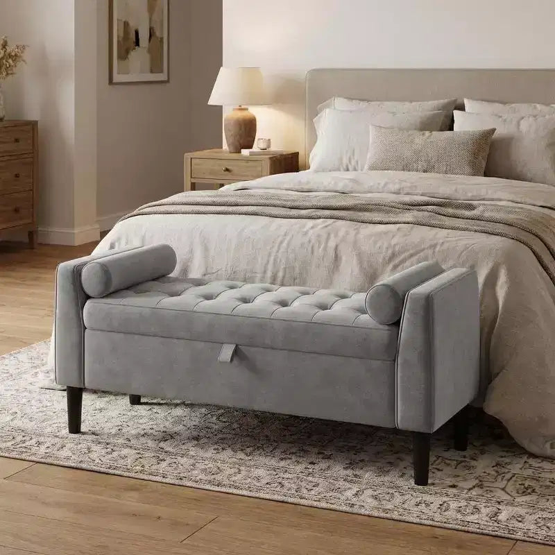 Panca Pouf Contenitore trapuntata a bottone da 118 cm con braccioli arrotolati e rivetti vintage, panchetta da fondo letto imbottita e porta scarpe per camera da letto e ingresso