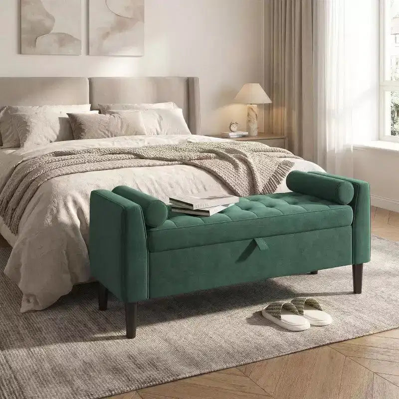 Panca Pouf Contenitore trapuntata a bottone da 118 cm con braccioli arrotolati e rivetti vintage, panchetta da fondo letto imbottita e porta scarpe per camera da letto e ingresso