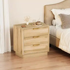 Comodino con 3 cassetti scanalati in legno, 60 cm di larghezza, stile moderno di metà secolo, comodino con contenitore, tavolino laterale con maniglie in metallo per camera da letto e soggiorno