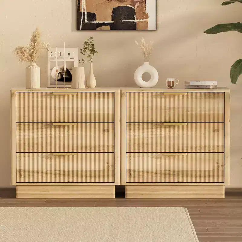 Comodino con 3 cassetti scanalati in legno, 60 cm di larghezza, stile moderno di metà secolo, comodino con contenitore, tavolino laterale con maniglie in metallo per camera da letto e soggiorno