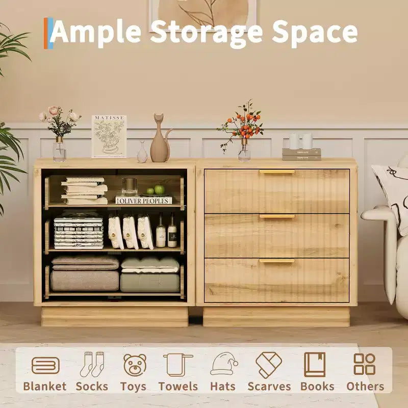 Comodino con 3 cassetti scanalati in legno, 60 cm di larghezza, stile moderno di metà secolo, comodino con contenitore, tavolino laterale con maniglie in metallo per camera da letto e soggiorno
