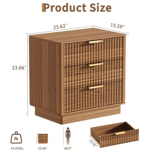 Comodino con 3 cassetti scanalati in legno, 60 cm di larghezza, stile moderno di metà secolo, comodino con contenitore, tavolino laterale con maniglie in metallo per camera da letto e soggiorno