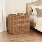Comodino con 3 cassetti scanalati in legno, 60 cm di larghezza, stile moderno di metà secolo, comodino con contenitore, tavolino laterale con maniglie in metallo per camera da letto e soggiorno