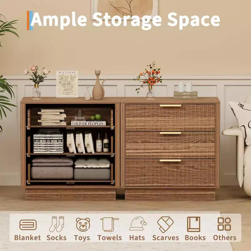 Comodino con 3 cassetti scanalati in legno, 60 cm di larghezza, stile moderno di metà secolo, comodino con contenitore, tavolino laterale con maniglie in metallo per camera da letto e soggiorno