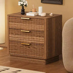 3-Drawer Fluted Wood Nightstand, 23.6 Wide Mid-Century Modern Bedside Table, Storage End Side Table w/ Metal Handles for Bedroom & Living Room