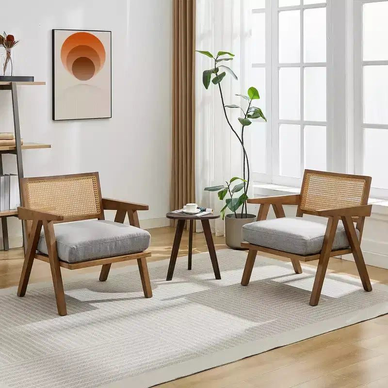 Poltrona rustica con finiture in legno, sedia da divano moderna di metà secolo con robuste gambe in legno, schienale in rattan per camera da letto e soggiorno