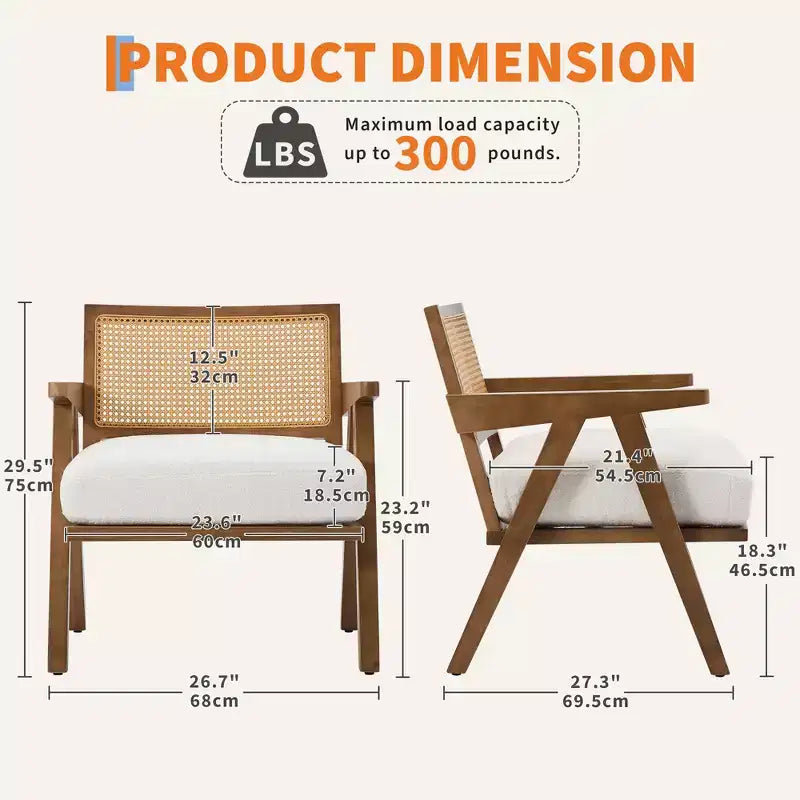 Poltrona rustica con finiture in legno, sedia da divano moderna di metà secolo con robuste gambe in legno, schienale in rattan per camera da letto e soggiorno